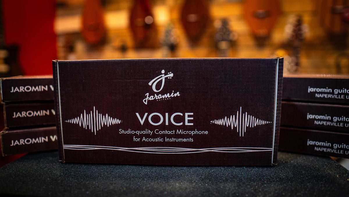 Jaromin VOICE retail box, a studio-quality contact microphone for acoustic instruments