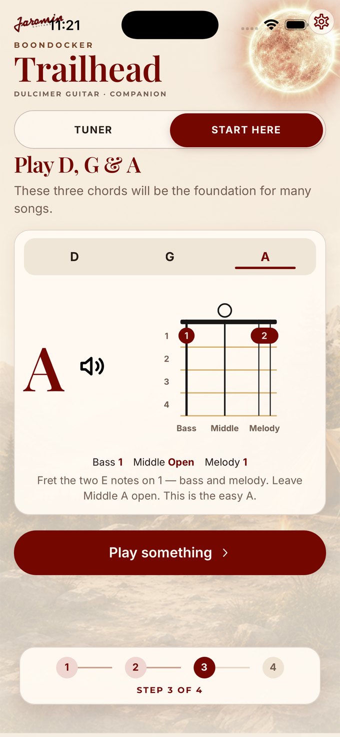 Trailhead Companion showing the finger position for a chord on the Trailhead fretboard