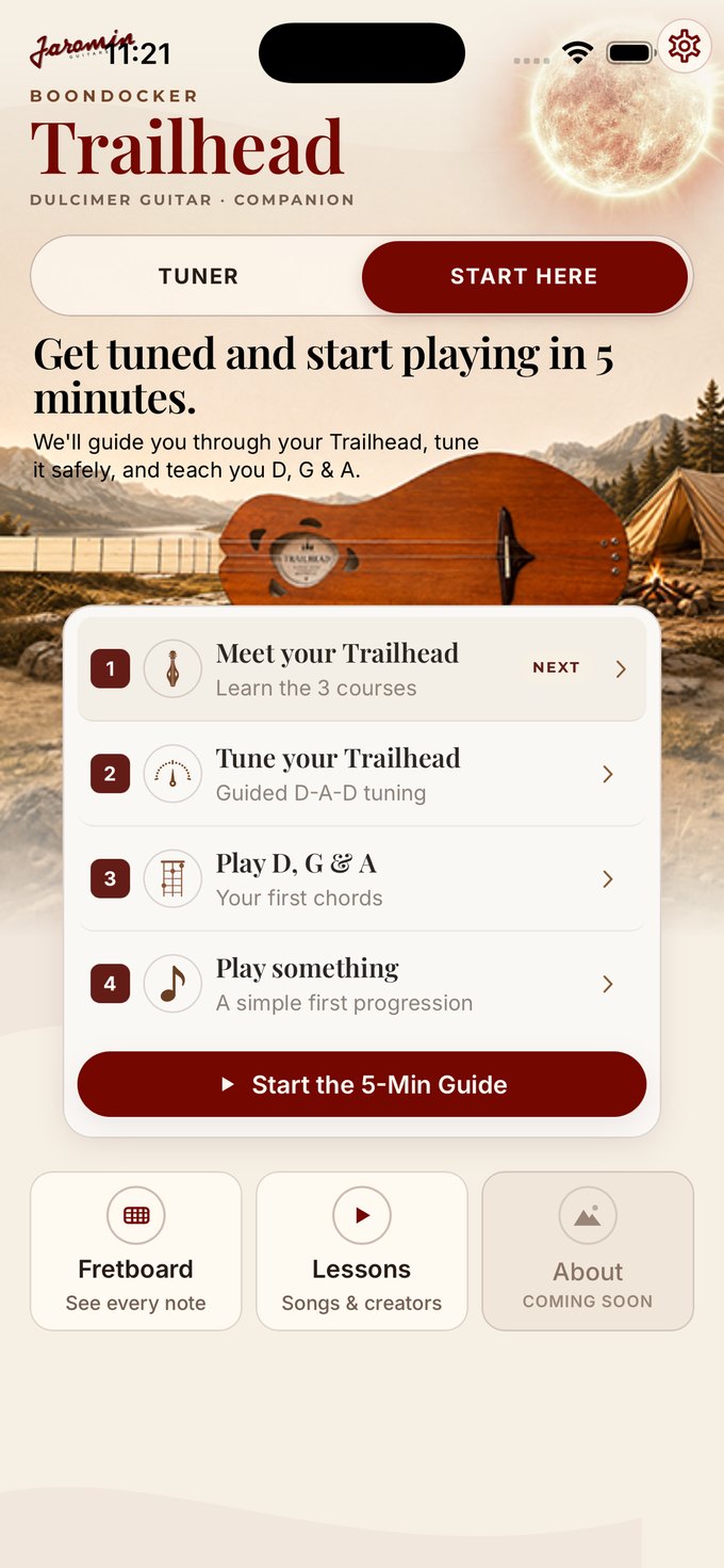 Trailhead Companion's five-minute start guide, listing the steps from meeting your Trailhead to playing a song