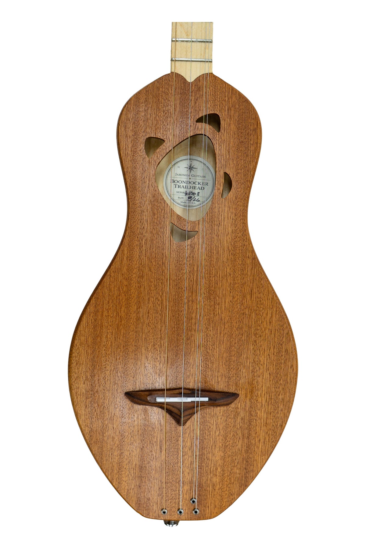 Boondocker Trailhead body with the compass-inspired soundhole and Jaromin Guitars label