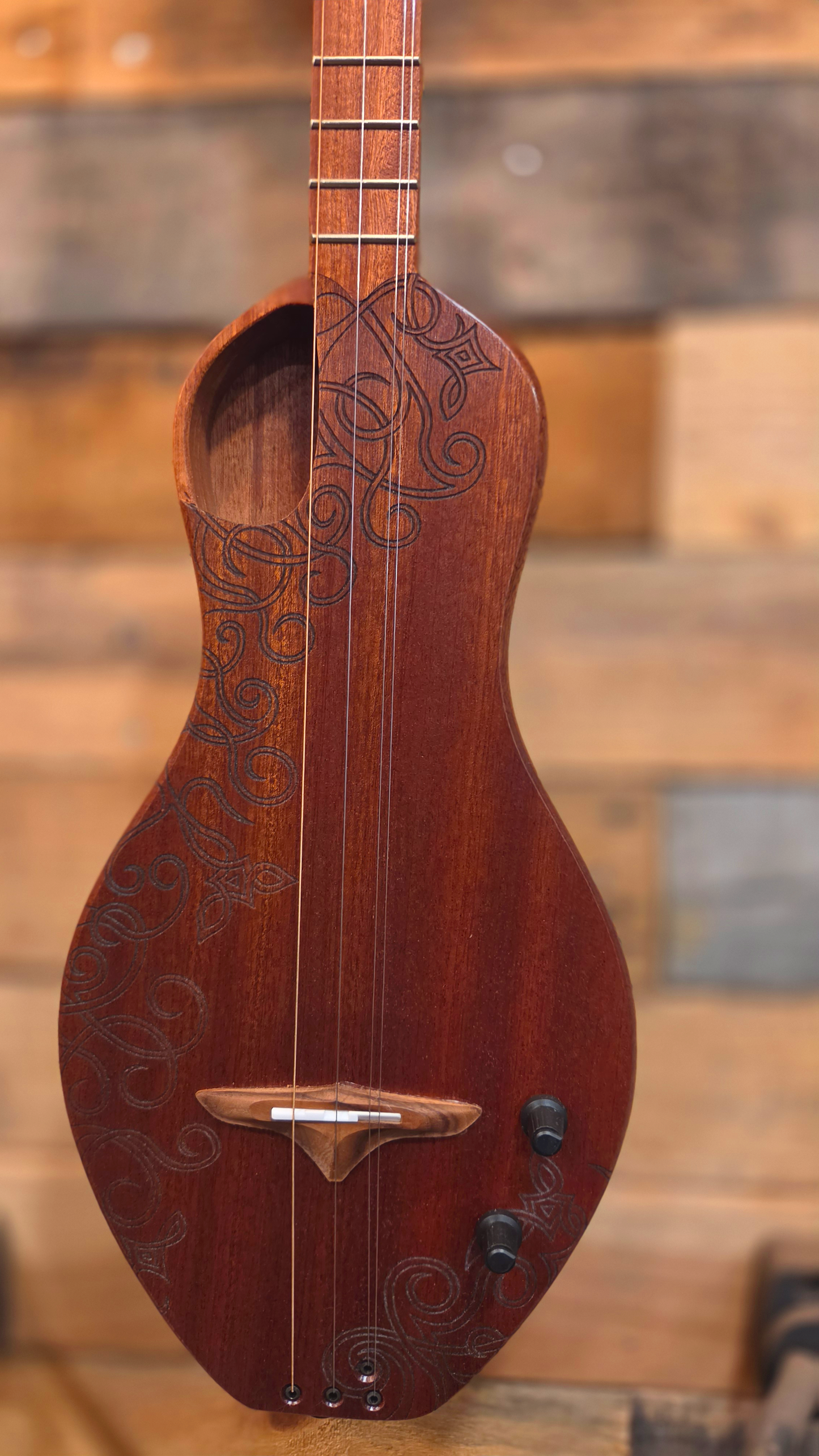 Celtic-engraved All Sapele D2 Dulcimer Electric/Acoustic 4-String