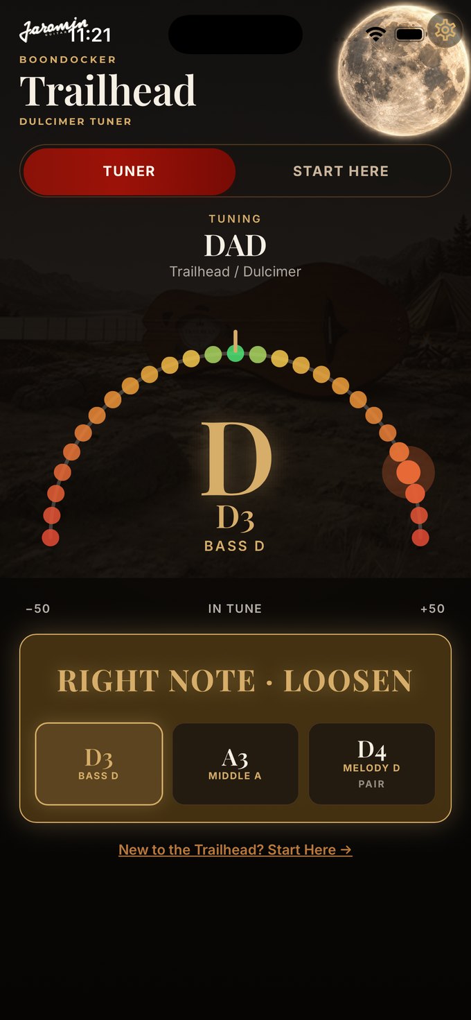 Trailhead Companion's tuner showing the bass D string in tune